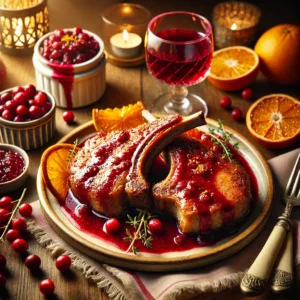 Karbonades met cranberrysaus van rode port en sinaasappel, geserveerd met mosterd en tijm op een feestelijk gedekte houten tafel.