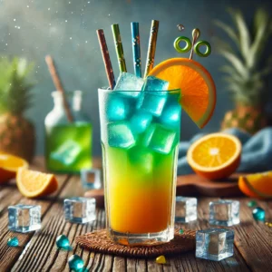 Kauwgombal cocktail in een hoog longdrinkglas met een kleurrijke overgang van blauw en groen, gevuld met ijsblokjes en jus d'orange, gegarneerd met een schijfje sinaasappel en twee metallic rietjes, gepresenteerd op een rustieke houten tafel met ijsblokjes en citruspartjes.