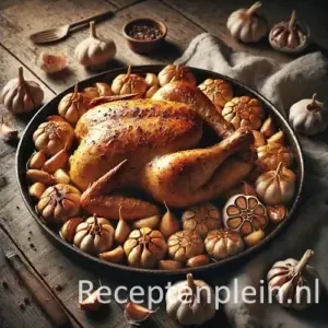 Kip met 40 teentjes knoflook op rustieke houten tafel
