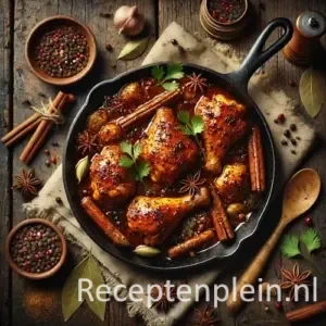 Kip met hele specerijen op rustieke houten tafel