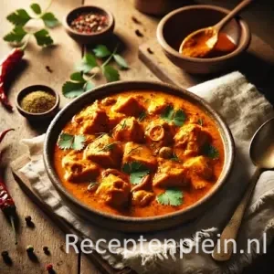 Kipcurry uit Goa op rustieke houten tafel
