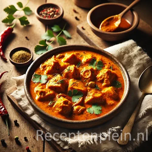Kipcurry uit Goa op rustieke houten tafel