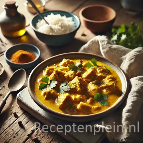 Chicken curry on rustic wooden table