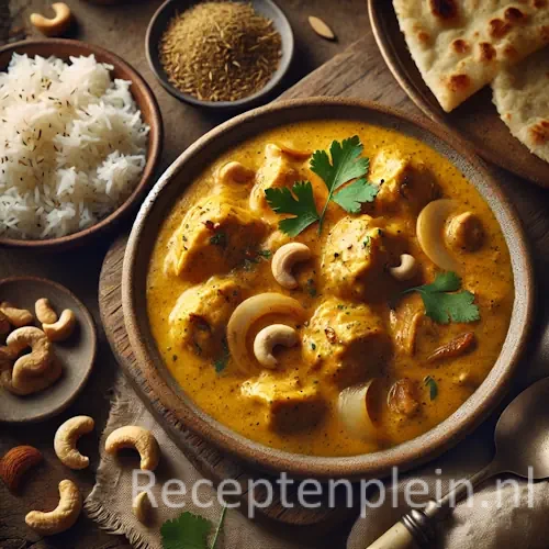 Kookarh korma op rustieke houten tafel