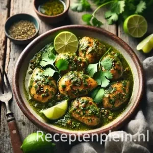 Korianderkip op een rustieke houten tafel