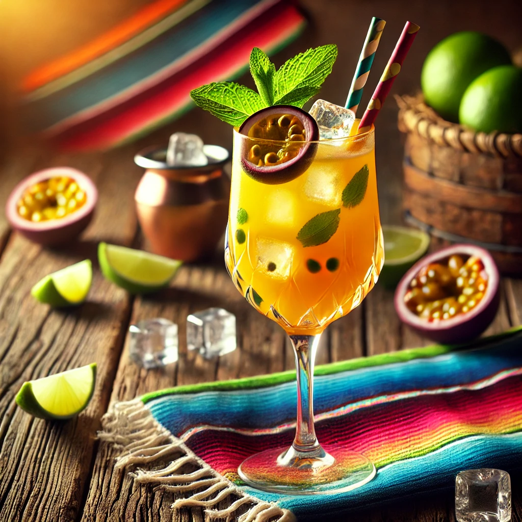 Een stijlvol gepresenteerde Lady Killer cocktail, geserveerd in een elegant flute-glas op een rustieke houten tafel. De cocktail heeft een levendige gouden-oranje kleur, gevuld met ijsblokjes en gegarneerd met een schijfje passievrucht en een takje munt. Twee kleurrijke rietjes voegen een speels accent toe. De setting is sfeervol aangekleed met decoratieve patronen, verspreide limoenschijfjes en subtiele sfeerverlichting. 🍹✨🌿