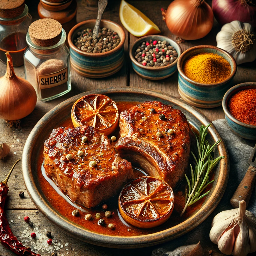 Malse plakken schouderkarbonade in een glanzende saus van sherry, citroen en kruiden, geserveerd in een rustieke schaal met verse ingrediënten eromheen op een houten tafel.