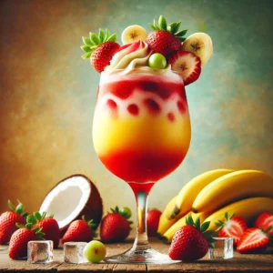 Lava Flow cocktail met een felrode basis van aardbei, Bacardi en Malibu, afgetopt met een romig gele laag van banaan, kokosroom en ananassap, geserveerd in een hoog glas, gegarneerd met een trosje druiven, op een houten tafel met aardbeien en ijsblokjes.