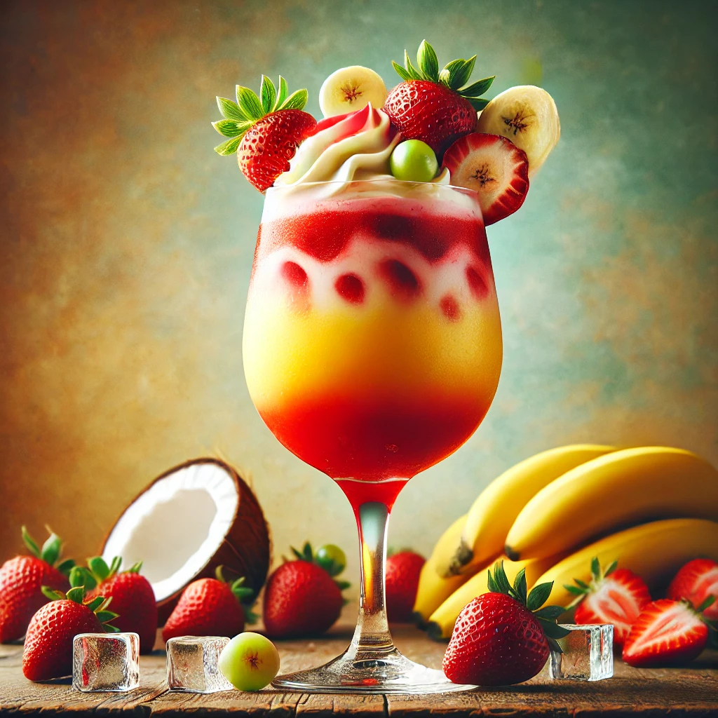 Lava Flow cocktail met een felrode basis van aardbei, Bacardi en Malibu, afgetopt met een romig gele laag van banaan, kokosroom en ananassap, geserveerd in een hoog glas, gegarneerd met een trosje druiven, op een houten tafel met aardbeien en ijsblokjes.