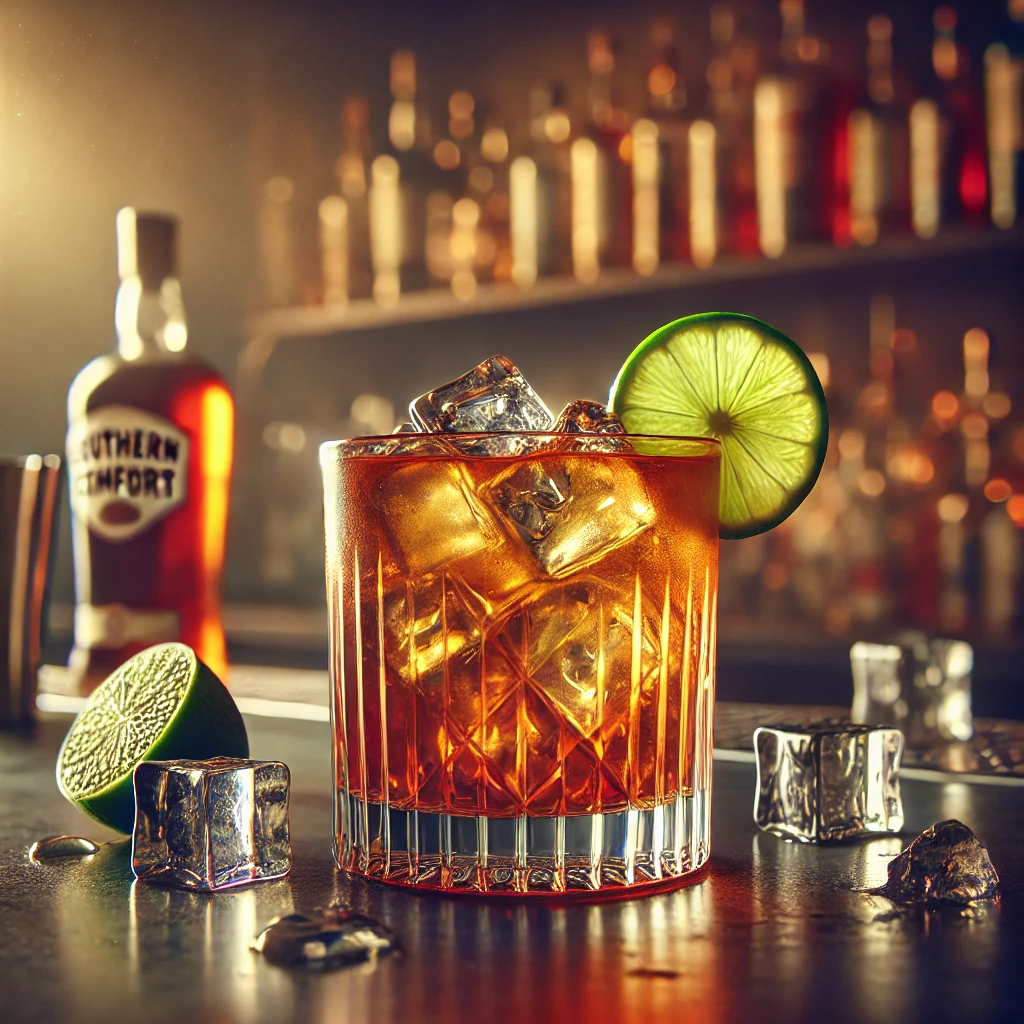 Lion Tamer cocktail met een rijke amberkleur, geserveerd in een klassiek cocktailglas met ijsblokjes, op een strakke bar met een schijfje limoen en verspreide ijsblokjes in een warme en gezellige setting.