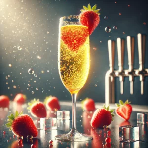 Energieke cocktail in een champagneflûte, met een bruisende goudgele mix, gegarneerd met een verse aardbei op de rand, omgeven door ijsblokjes en verspreide aardbeien op een moderne bar.