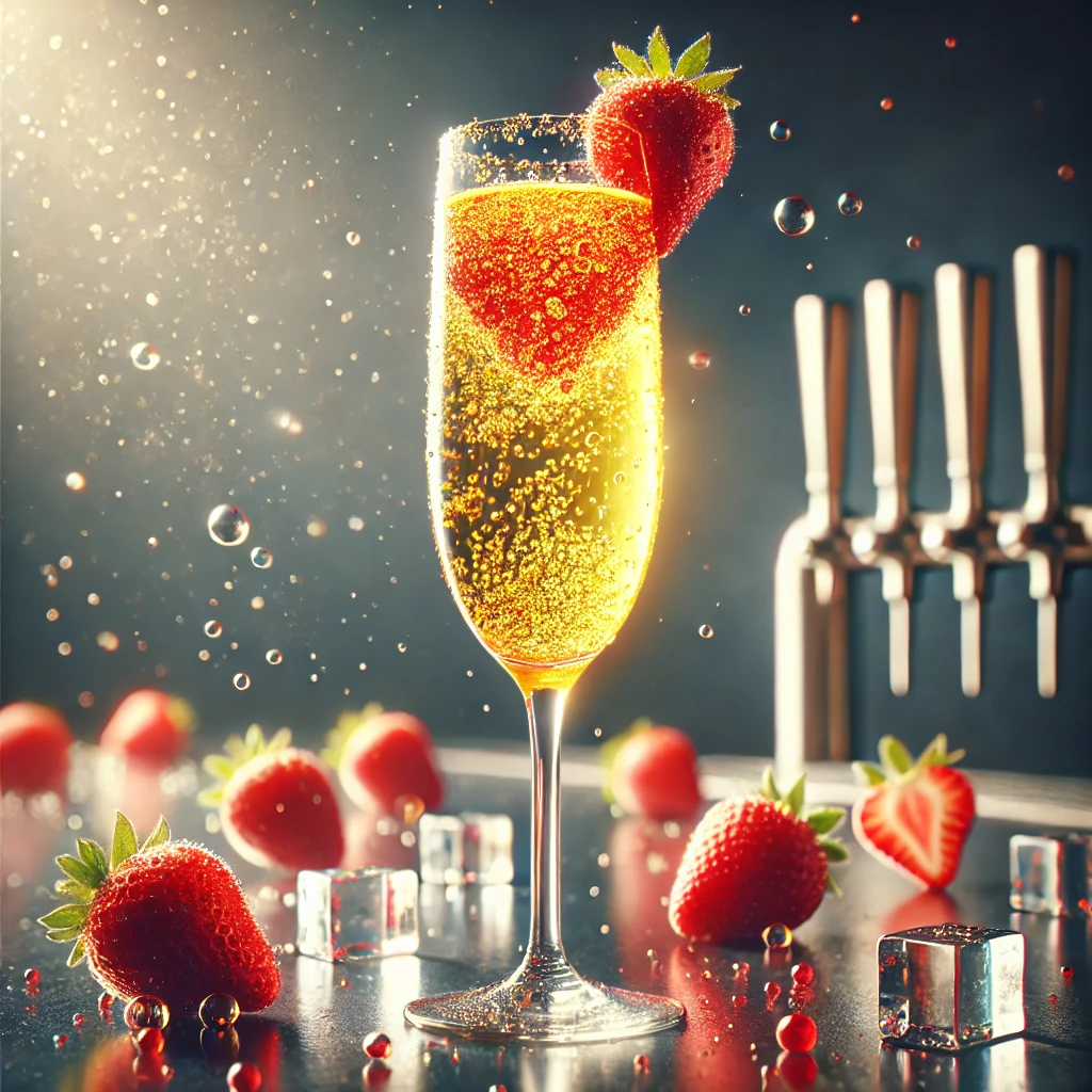 Energieke cocktail in een champagneflûte, met een bruisende goudgele mix, gegarneerd met een verse aardbei op de rand, omgeven door ijsblokjes en verspreide aardbeien op een moderne bar.