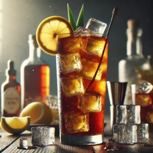 Long Island Iced Tea met een rijke amberkleur, geserveerd in een longdrinkglas met ijsblokjes, gegarneerd met een schijfje citroen en een cocktailroerder, op een houten tafel met verspreide ijsblokjes en citroenpartjes.
