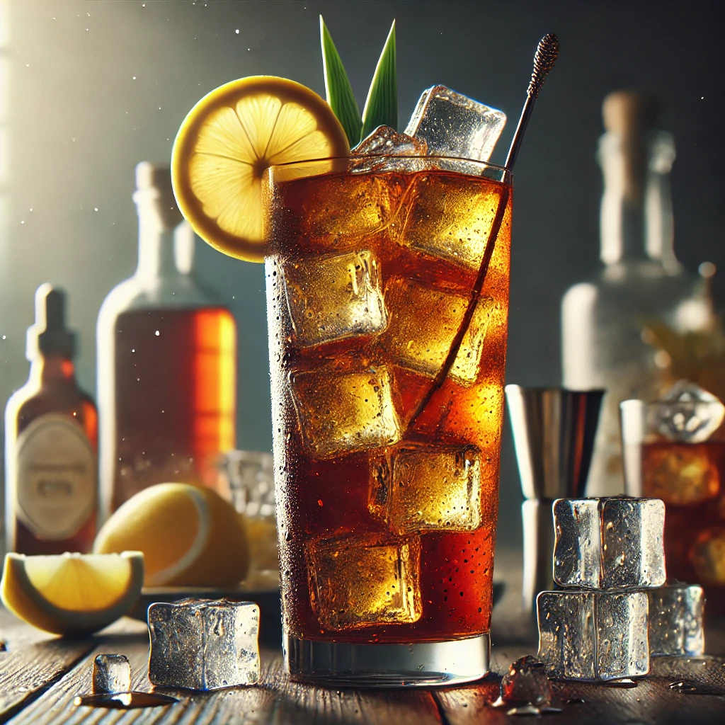 Long Island Iced Tea met een rijke amberkleur, geserveerd in een longdrinkglas met ijsblokjes, gegarneerd met een schijfje citroen en een cocktailroerder, op een houten tafel met verspreide ijsblokjes en citroenpartjes.