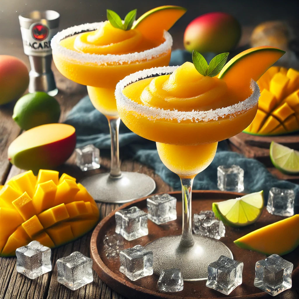 Maaza mango margarita met een rijke gouden kleur, geserveerd in twee margaritaglazen met een licht gevroren rand, gegarneerd met een schijfje sinaasappel en citroen, op een rustieke houten tafel met ijsblokjes, mangopartjes en limoenpartjes.