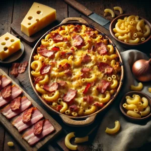 Een rustieke foodfoto van een macaronischotel met stukjes varkenspoelet, spek en gesmolten kaas, geserveerd in een ovenschaal direct op een donkere houten tafel met macaroni, kaas en spek eromheen.