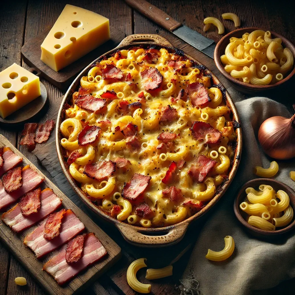 Een rustieke foodfoto van een macaronischotel met stukjes varkenspoelet, spek en gesmolten kaas, geserveerd in een ovenschaal direct op een donkere houten tafel met macaroni, kaas en spek eromheen.