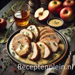 Varkensfricandeau met druiven-amandelsaus Porties: 4 Deel dit recept via E-mail Deel op Facebook Recept afdrukken Instructies Wrijf 750 gr varkensfilet in met zout en peper en braad het in 3 eetlepels (bak)boter in 40 minuten bruin en net gaar. Neem het vlees uit de pan en laat het in aluminiumfolie gewikkeld rusten. Kook de aanbaksels met 2 1/2 dl sterke runderbouillon los en laat het bruisend tot de helft inkoken en roer dan 1 eetlepel witte wijn door de saus. Warm 250 gr ontvelde witte druiven (blik) en 100 gr blanke amandelen in de saus mee en giet het vleessap uit het folie bij de saus. Een rustieke foodfoto van plakjes fricandeau met romige cidersaus, geserveerd op een bord en gegarneerd met tijm, op een houten tafel met appels, kruiden en een glas cider eromheen.