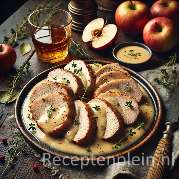 Varkensfricandeau met druiven-amandelsaus Porties: 4 Deel dit recept via E-mail Deel op Facebook Recept afdrukken Instructies Wrijf 750 gr varkensfilet in met zout en peper en braad het in 3 eetlepels (bak)boter in 40 minuten bruin en net gaar. Neem het vlees uit de pan en laat het in aluminiumfolie gewikkeld rusten. Kook de aanbaksels met 2 1/2 dl sterke runderbouillon los en laat het bruisend tot de helft inkoken en roer dan 1 eetlepel witte wijn door de saus. Warm 250 gr ontvelde witte druiven (blik) en 100 gr blanke amandelen in de saus mee en giet het vleessap uit het folie bij de saus. Een rustieke foodfoto van plakjes fricandeau met romige cidersaus, geserveerd op een bord en gegarneerd met tijm, op een houten tafel met appels, kruiden en een glas cider eromheen.