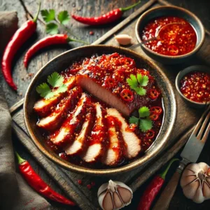 Een rustieke foodfoto van malse varkensfilet in een glanzende rode sambalsaus met rode pepers en knoflook, geserveerd in een kom op een donkere houten tafel met koriander en sambal eromheen.
