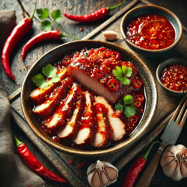 Een rustieke foodfoto van malse varkensfilet in een glanzende rode sambalsaus met rode pepers en knoflook, geserveerd in een kom op een donkere houten tafel met koriander en sambal eromheen.