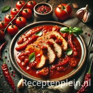 Een rustieke foodfoto van plakjes varkensfricandeau in een glanzende pittige tomatensaus met rode peper en kruiden, geserveerd op een bord op een houten tafel met tomaten, knoflook en pepers eromheen.