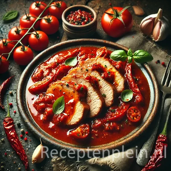 Een rustieke foodfoto van plakjes varkensfricandeau in een glanzende pittige tomatensaus met rode peper en kruiden, geserveerd op een bord op een houten tafel met tomaten, knoflook en pepers eromheen.