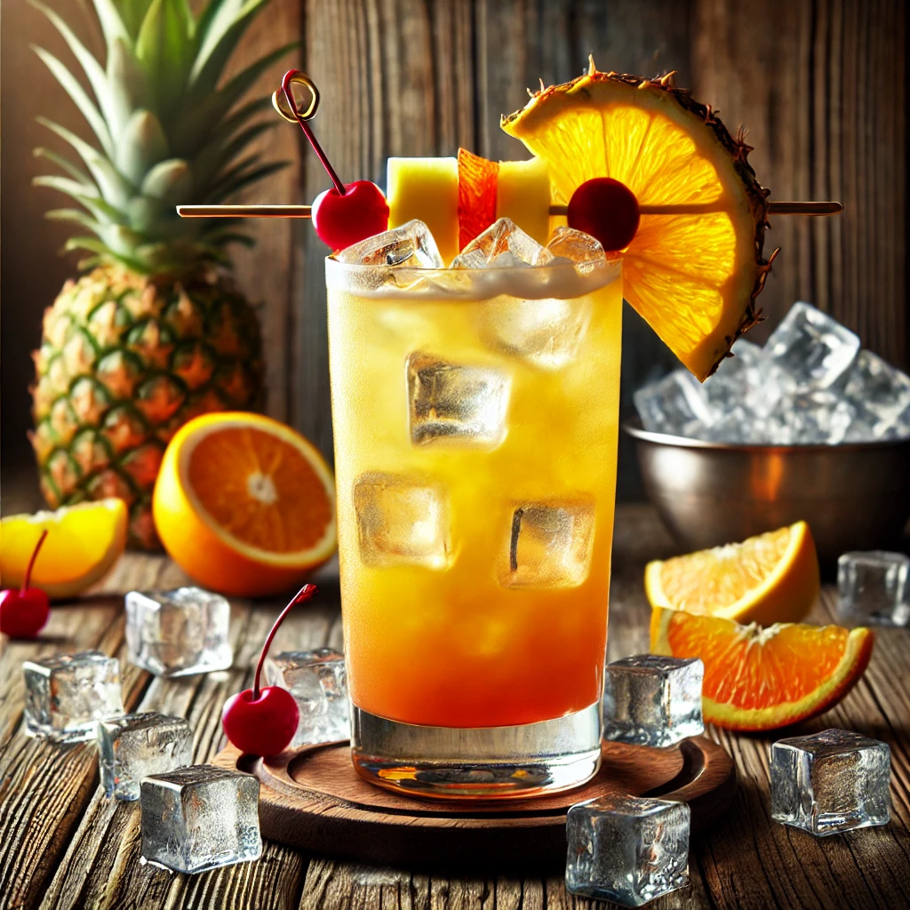 Manfield Madness cocktail met een tropische oranje-gele kleur, geserveerd in een longdrinkglas met ijsblokjes, gegarneerd met een fruitsaté van ananas, sinaasappel en kersen, op een rustieke houten tafel met verspreide fruitpartjes en ijsblokjes.