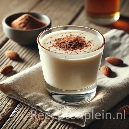 Marzipan cocktail op een rustieke houten tafel.
