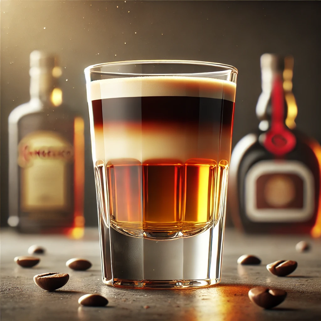 Menage à Trois layered shot met drie onderscheidende lagen in donkerbruin, goud en amber, geserveerd in een helder shotglaasje op een strakke bar met enkele verspreide koffiebonen, zonder zichtbare tekst of etiketten.