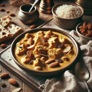 Moghlai kip met amandelen en rozijnen op rustieke houten tafel