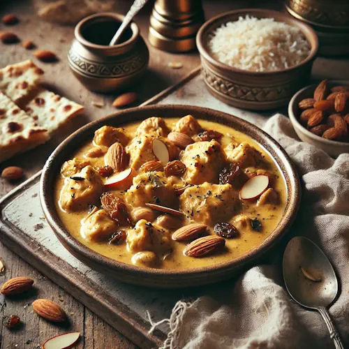 Moghlai kip met amandelen en rozijnen op rustieke houten tafel