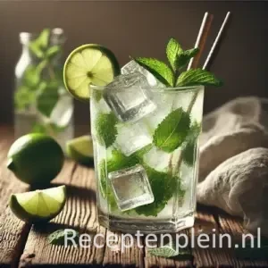 Mojito cocktail op een rustieke houten tafel.