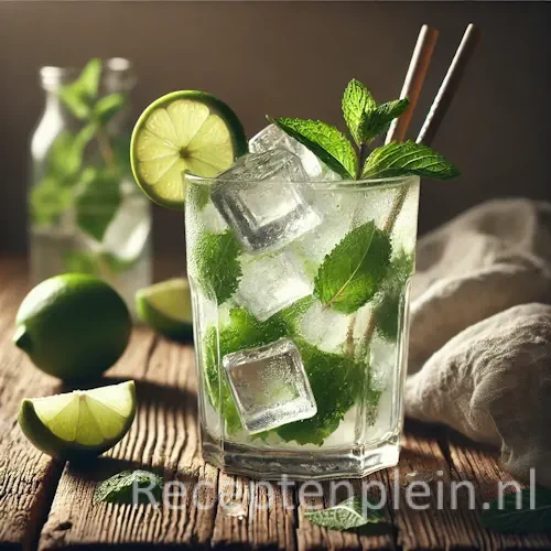 Mojito cocktail op een rustieke houten tafel.