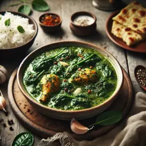 Murgh Aur Palak op rustieke houten tafel