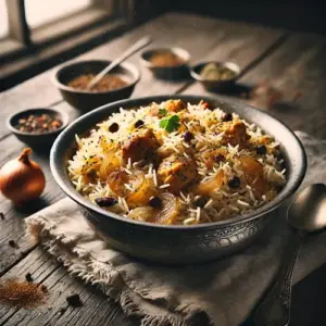 Murgh biryani op rustieke houten tafel