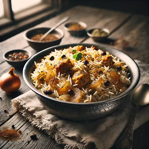 Murgh biryani op rustieke houten tafel