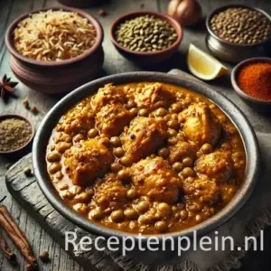 Murgh dhansak op een rustieke houten tafel