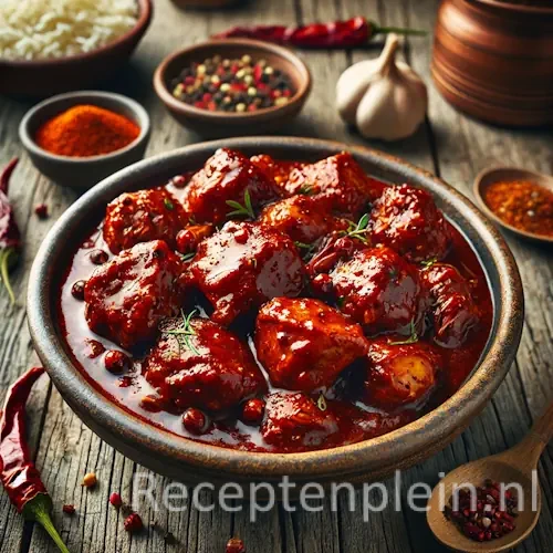 Murghi vindaloo op een rustieke houten tafel