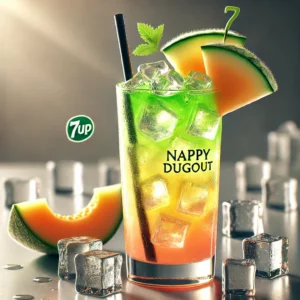 Nappy Dugout cocktail met een heldere groen-perzikkleurige laag, geserveerd in een longdrinkglas met ijsblokjes, gegarneerd met een zwart rietje en een schijfje komkommer, geplaatst op een strakke bar met ijsblokjes en een stukje meloen.