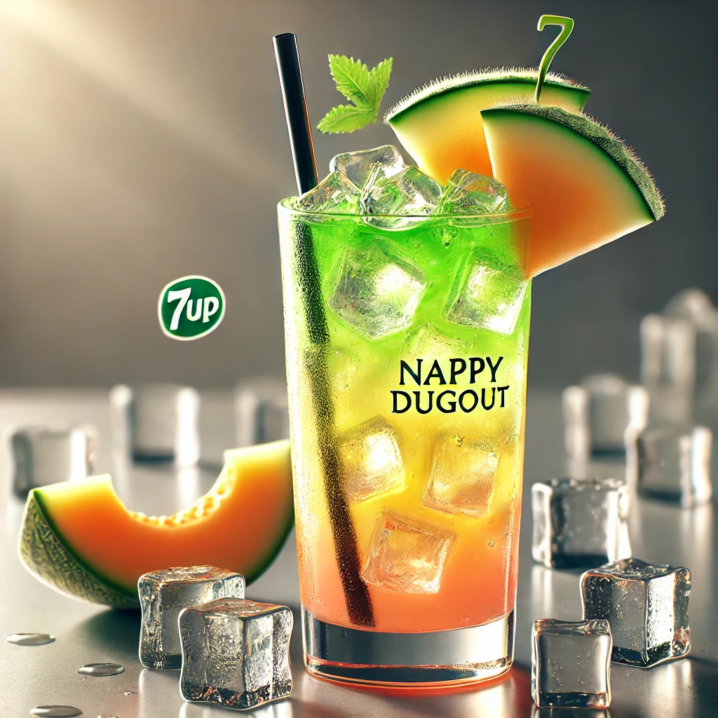 Nappy Dugout cocktail met een heldere groen-perzikkleurige laag, geserveerd in een longdrinkglas met ijsblokjes, gegarneerd met een zwart rietje en een schijfje komkommer, geplaatst op een strakke bar met ijsblokjes en een stukje meloen.