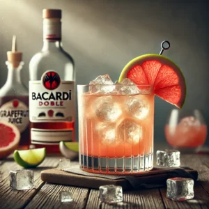 Papa Doble cocktail met een zachte roze tint, geserveerd in een met ijs gevuld whiskeyglas, gegarneerd met een glazen roerstaafje en een schijfje limoen, geplaatst op een rustieke houten ondergrond met ijsblokjes en een flesje grenadine op de achtergrond.