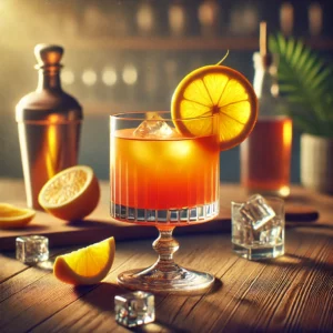 Paradise cocktail met een rijke amberkleur, geserveerd in een klassiek cocktailglas, gegarneerd met een schijfje citroen, geplaatst op een houten bar met ijsblokjes en een cocktailshaker op de achtergrond.