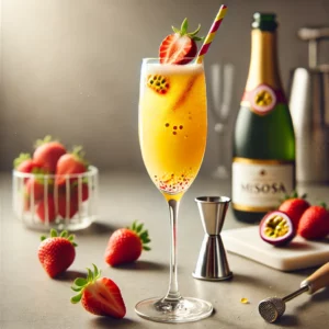 Passion Mimosa cocktail met een lichte gouden tint en aardbeien op de bodem, geserveerd in een champagneflûte met een kleurrijk rietje, op een moderne bar met verspreide aardbeien en een fles champagne.