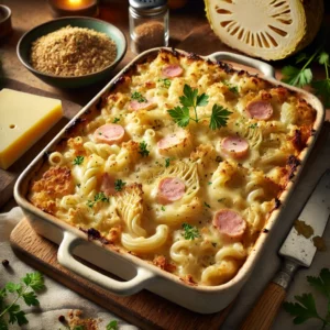 Goudbruin gebakken ovenschotel met macaroni, knolselderij, spek en romige kaassaus, geserveerd in een ovenschaal op een houten tafel met verse kruiden en ingrediënten eromheen.