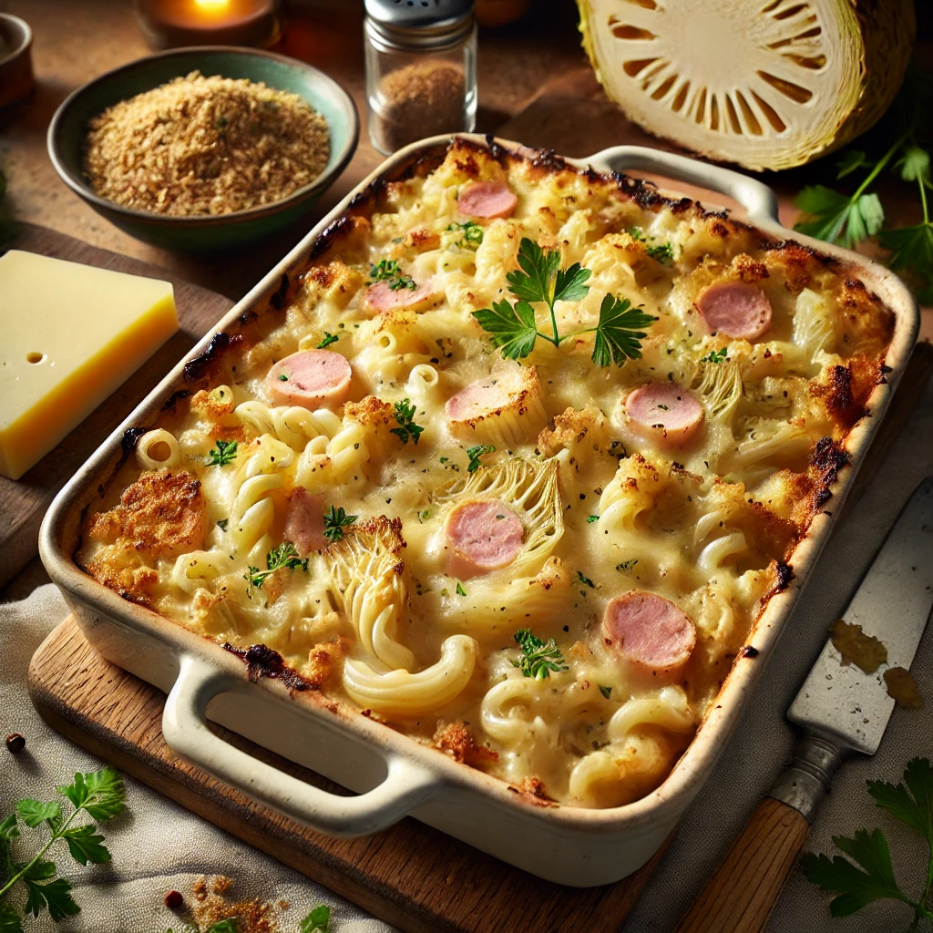 Goudbruin gebakken ovenschotel met macaroni, knolselderij, spek en romige kaassaus, geserveerd in een ovenschaal op een houten tafel met verse kruiden en ingrediënten eromheen.