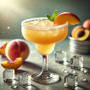 Peach Margarita met een zachte goud-perzikkleur, geserveerd in een cocktailglas met een lichtgezouten rand, geplaatst op een strakke bar met ijsblokjes en een perzikschijfje als decoratie.