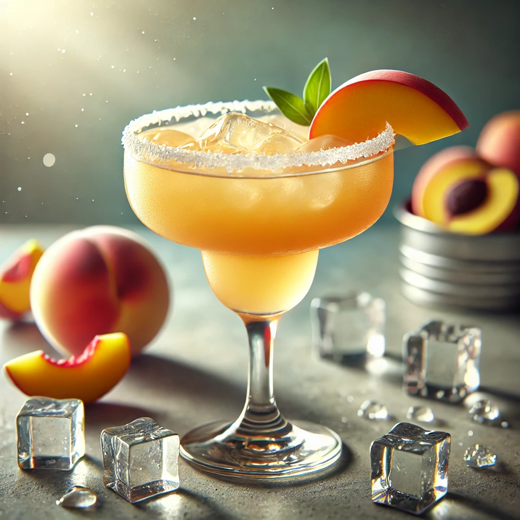 Peach Margarita met een zachte goud-perzikkleur, geserveerd in een cocktailglas met een lichtgezouten rand, geplaatst op een strakke bar met ijsblokjes en een perzikschijfje als decoratie.