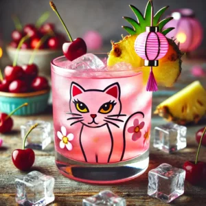 Pink Pussycat cocktail met een zachte roze tint, geserveerd in een whiskeyglas gevuld met ijsblokjes, gegarneerd met een decoratief lampionnetje, op een rustieke houten tafel met verspreide ijsblokjes en een schaaltje kersen.