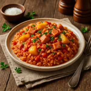 Pittige pilav met blokjes ham en stukjes perzik in een rijke tomatensaus, gegarneerd met verse peterselie en geserveerd op een rustieke houten tafel.